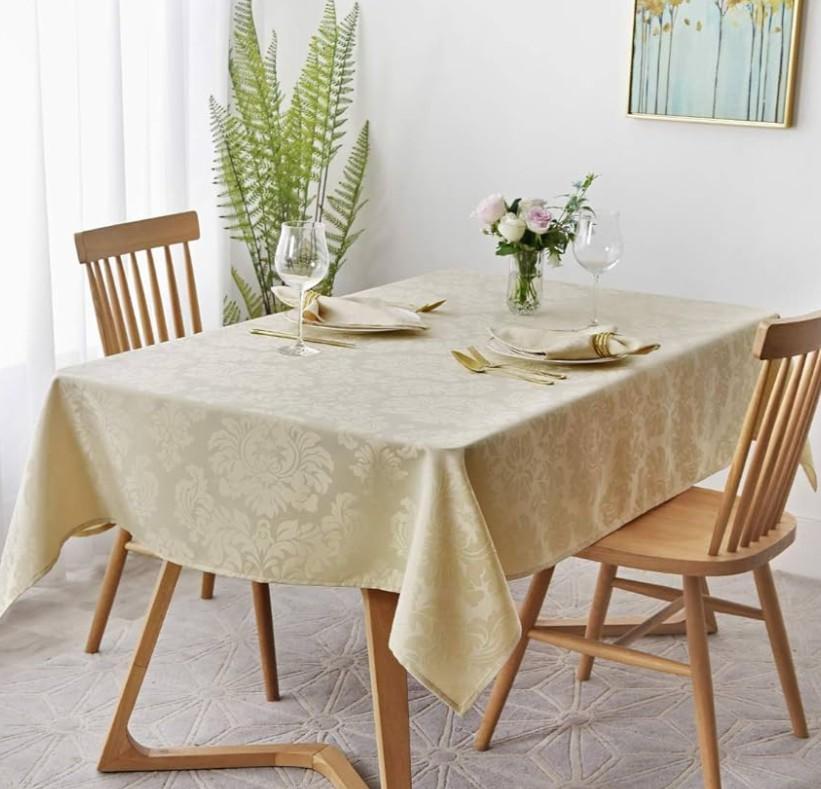 maxmill Jacquard Tablecloth Damask Design Water Resistance Antiwrinkle Heavy Weight Soft Table Cloth for Buffet Banquet Parties Event Holiday Dinner Square 60 x 60 Inch Beige