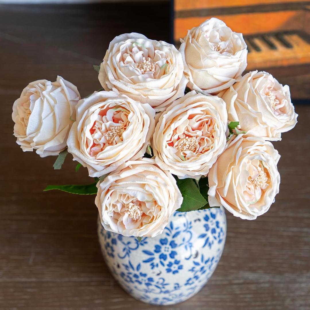 DUYONE Fake Flowers for Decoration Home Decor Artificial Flowers Austin Rose Peony Latex Fake Flower Living Room Decoration Vivid Pink Roses Peonies (Champagne 4pcs)