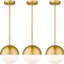 LMS 8 Inch Mid Century Pendant Lights, Brushed Gold Kitchen Island Light Fixtures with White Globe Glass Shade, Adjustable Hanging Rod, 3-Pack for Home Office Dining Room Bathroom, LMS-186BG3PK