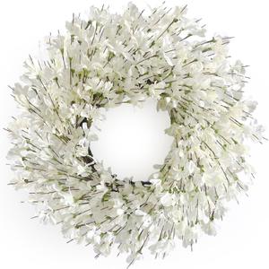 Spring Wreath for Front Door, 24 Inch White Cream Forsythia Spring Wreath Blossom Cluster Flower Farmhouse on Grapevine for Front Door Wall Window Hanging Decor Festival Celebration