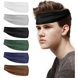 6 Pack Mens Running Headband, Sweatband Sports Headband for Running,Cycling,Football,Yoga,Fitness Workout Stretchy Unisex Hairband, 6 Colors