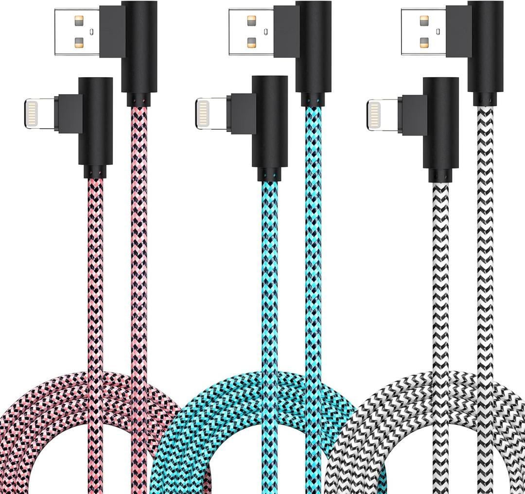 3 Pack iPhone Charger 10FT [Apple MFi Certified] Right Angle Lightning Cable Fast Charging Cord, Car Cable for iPhone 14 13 12 11 Pro/Pro Max/Mini/XS/XR/8 7 Plus, iPad, CarPlay (Multicolored)
