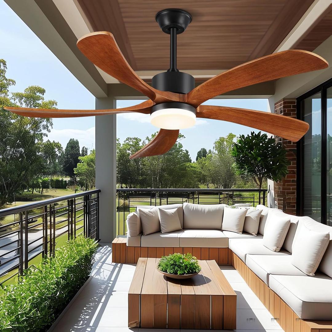 60 Inch Ceiling Fans with Lights Remote Control, Modern Ceiling Fan 5 Blades Wood Fan for Outdoor, 3 Downrods, ETL Listed, Timer, 6 Speeds Reversible Quiet Dc Motor for Patios, 60in Yellow Walnut