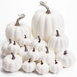 DomeStar 16PCS White Fake Pumpkins for Decorating, Faux Pumpkins Fall Harvest Decor, Halloween Decorations, Thanksgiving Table Centerpieces and Baby Shower Decor