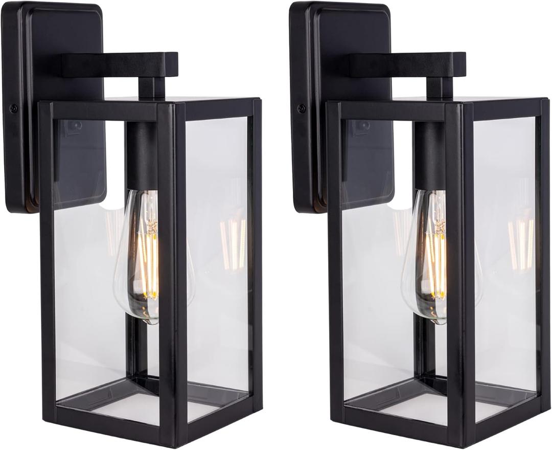 LIT-PaTH Outdoor Wall Lantern, Wall Sconce as Porch Lighting Fixture, E26 Medium Base Max 60W, Anti-Rust Metal with Glass Shade, Black, 2-Pack