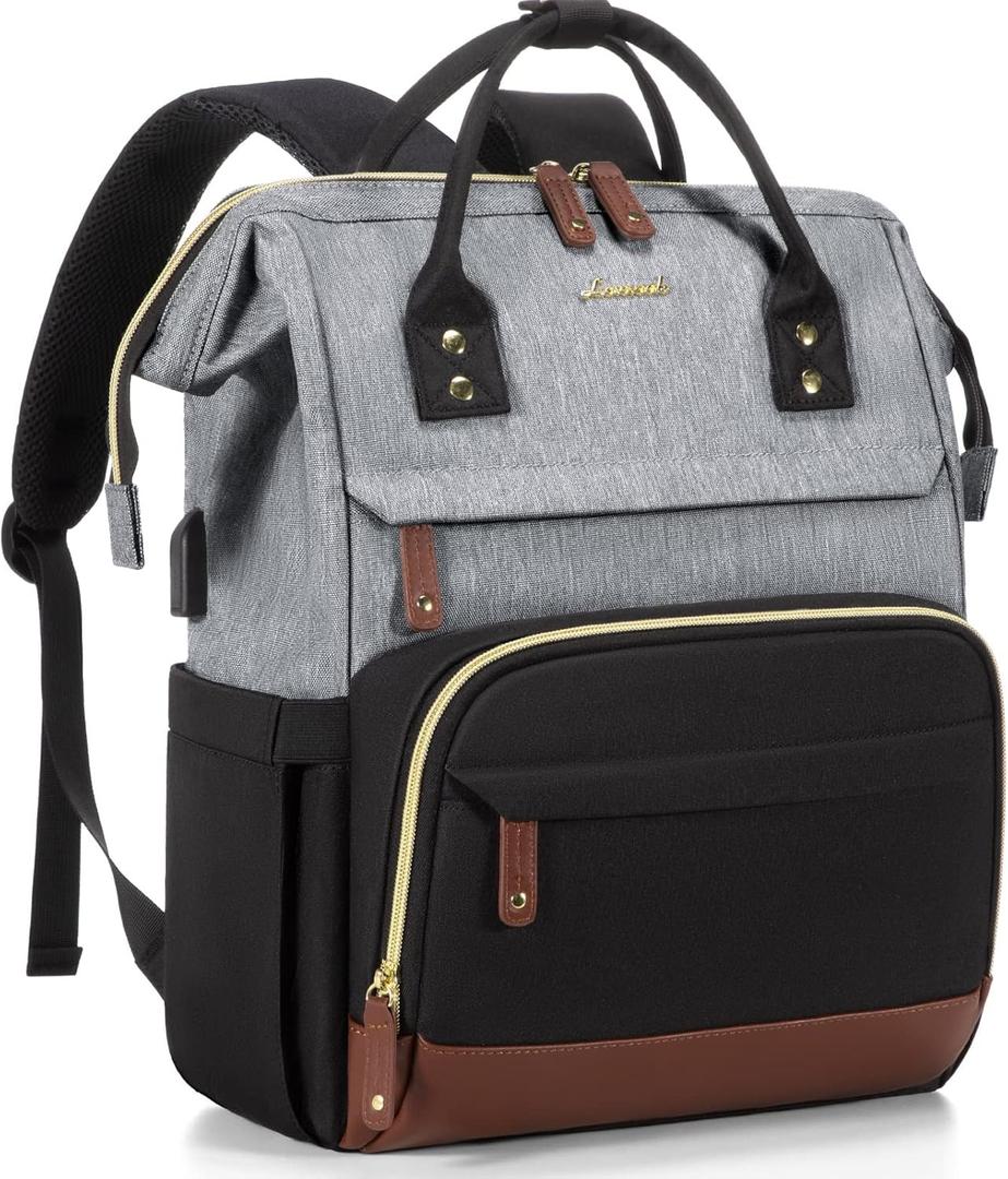LOVEVOOK Laptop Backpack for Women, 15.6 Inch Work Business Backpacks Purse with USB Port, Large Capacity Nurse Bag College Bookbag for School, Waterproof Casual Daypack for Travel (Black-grey-brown)
