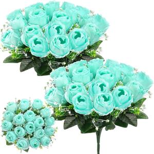 Riceshoot 2 Bouquets Cemetery Flowers for Grave Memorial 18 Heads Artificial Flowers Cemetery Day Silk Grave Faux Roses Arrangements for Father's Day Headstones Tombstone Decor(Teal)