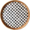 Round Rattan Tray with Mother of Pearl Inlay, Decorative Wicker Serving Tray with Wooden Base, Woven Basket Trays for Bread Fruits Coffee, Checkered