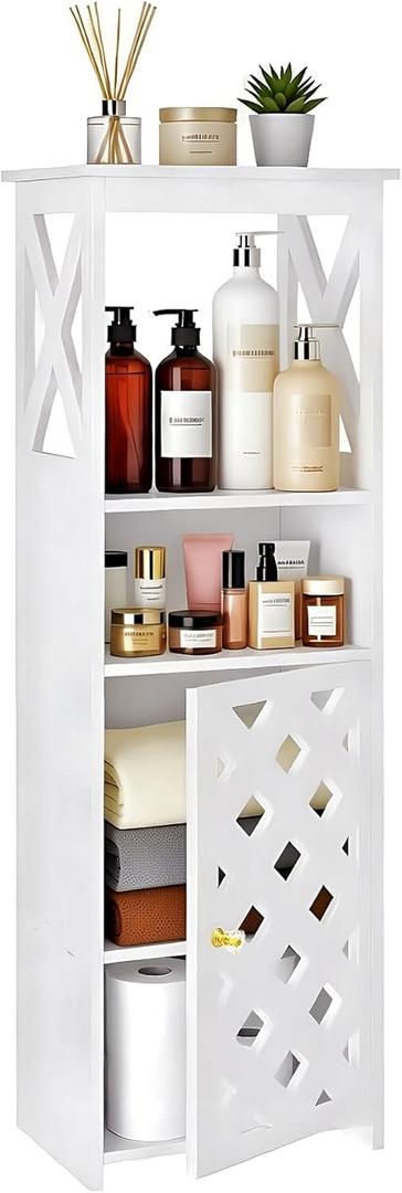 BYFU Slim Bathroom Storage Cabinet, Small Bathroom Floor Cabinet Freestanding Organizer with Door and Open Shelf for Kitchen Living Room Narrow Space (31.5" H x 9.8" W x 7.9" D)