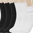BomKinta Ruffle Socks Women - Turn-Cuff Frilly Sock - Lightweight Cotton Socks (5-10, 3 White 3 Black)