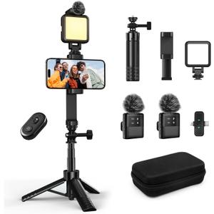 yAyusi Vlogging Kit for iPhone/Android31" Selfie Stick Tripod with Light, Microphone, Remote Control Storage Boxes, YouTube Starter Kit for Interviews, Vlogs, TikTok, YouTube Video Recording