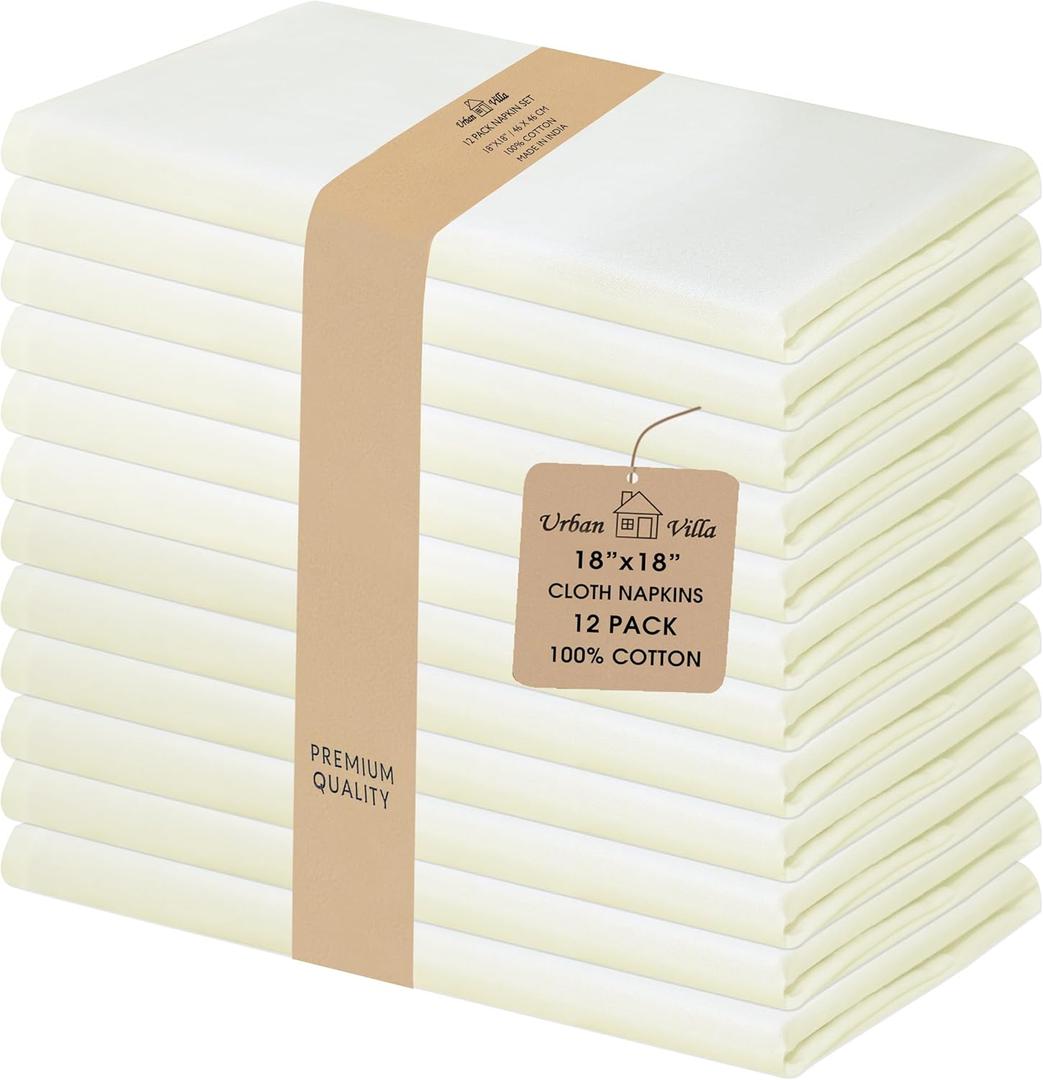 Urban Villa Cloth Napkins 100% Cotton Highly Absorbent Washable Durable Reusable Premium Dinner Napkins Ideal for Gifts for Mothers Day Hotel Farmhouse Parties - Ivory (18" x 18", Set of 12)