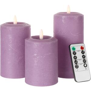 ANGELLOONG Purple LED Candle with Timer, Real Wax Flameless Pillar Candles with Remote, Set of 3 Flickering Electric Battery Operated Candles for Home Decor Halloween Christmas Decoration