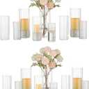 Glasseam Glass Cylinder Candle Holder, Clear Ribbed Vase Set of 18, Hurricane Pillar Candle Holder, Floating Candle Holders for Table Centerpiece, Flute Flower Vases for Centerpieces Dining Table