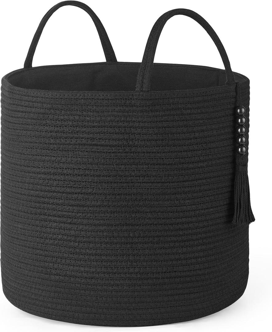 Mkono Woven Storage Basket Decorative Natural Rope Basket Wooden Bead Decoration for Blankets,Toys,Clothes,Shoes,Plant Organizer Bin with Handles Living Room Home Decor, 16" W13.8" L, Black