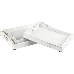 MyGift Vintage Rustic Whitewashed Wood Nesting Serving Trays/Decorative Ottoman Trays with Oval Cutout Handles, Set of 3