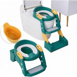 3 in 1 Toddler Potty Training Seat Chair with Ladder and Basin for Boys and Girls, Adjustable Kids Potty Training Seat for Toilet with Anti-Slip Wide Steps and Safety Handles (Green)
