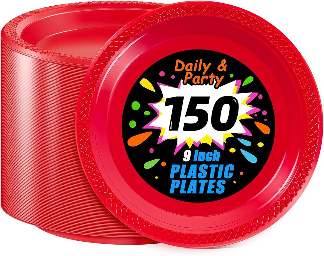 WELLIFE Red Party Plates 9 Inch -150 Count, Plastic Disposable Plates for Dinner Party Easter Mother's Day