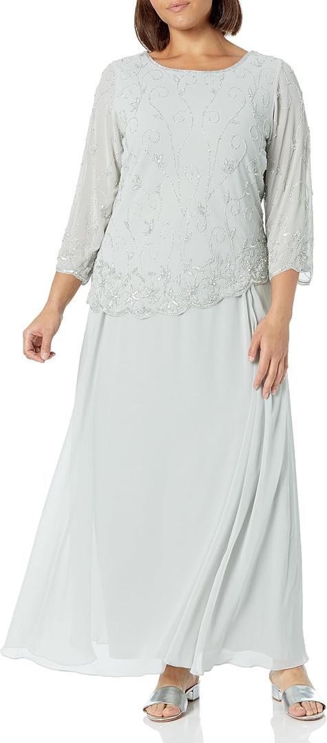 J Kara Women's Bell 3/4 Sleeve Asymetrical Hem Beaded Mock 2 Piece Long Dress 4