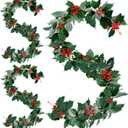 3 Pieces Christmas Garland Red Berry Green Garland 5.7 ft Artificial Christmas Red Berry Flower Vine Winter Holly Leaves Outdoor for Fireplace Home Decor(Green)