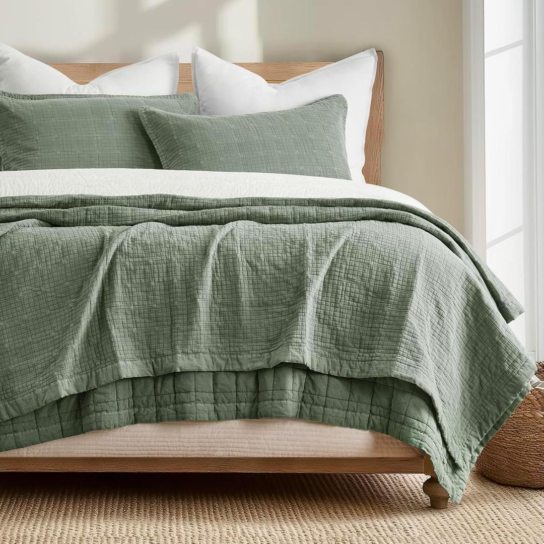 EVERGRACEHOME Stonewashed Cotton Quilt Set Full Queen Size, Ultra Soft Oversized Bedspread Coverlet Set, Lightweight Crinkle Box Stitch Bedding Sets for All Season, with 2 Shams, Olive Green
