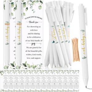 Tenceur 30 Set Baby Shower Pens Greenery Baby Shower Favor for Guest Sage Ballpoint Pens with Woodland Thank You Cards Gender Reveal Party Favor for Girl Boy Party Souvenirs Prizes