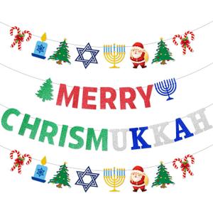 4 Pack Merry Chrismukkah Banner Christmas & Hanukkah Mixed Decorations for Merry Chrismukkah Christmas Xmas Happy Chanukah Festival Holiday Party Decor Supplies Home Classroom Office[Pre-strung]