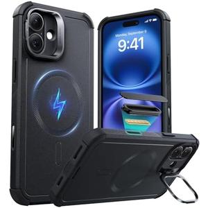 ESR for iPhone 16 Case with Stash Stand, Camera Control, 23FT Military-Grade Shock-Absorbing Drop Protection, Compatible with MagSafe Accessories, Magnetic Cyber Series, Black