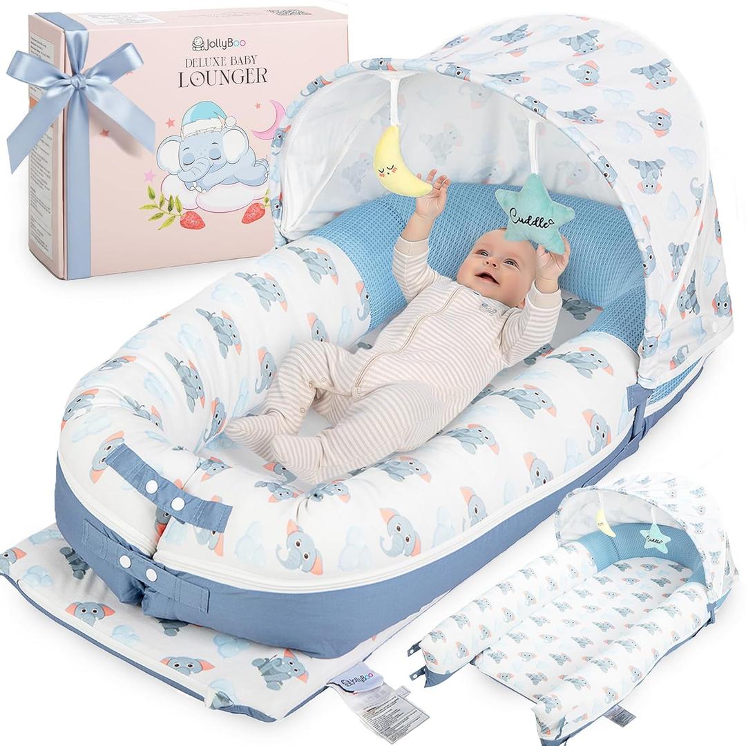JollyBoo Deluxe Infant Lounger Pillow - Baby Lounger 0-24 Months | Bamboo-Cotton Portable Baby Nest with Foldable Sunshade & 2 Plush Toys | Soft, Breathable Mesh for Cool, Safe Rest (Blue Elephant)