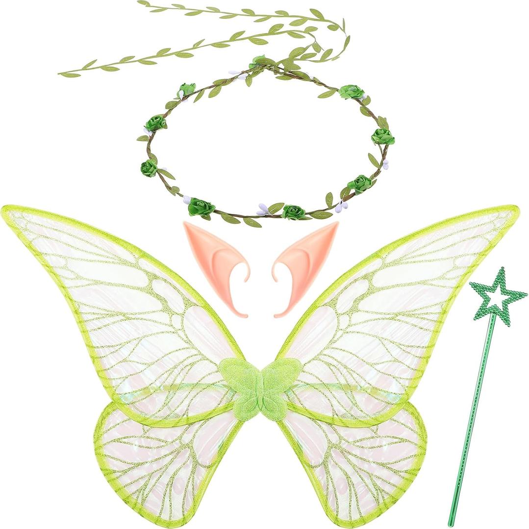 Sratte 4 Pcs Fairy Butterfly Wings for Girls Kids Princess Floral Crown Star Wand Ears Halloween Dress up Costume Accessories (Green)