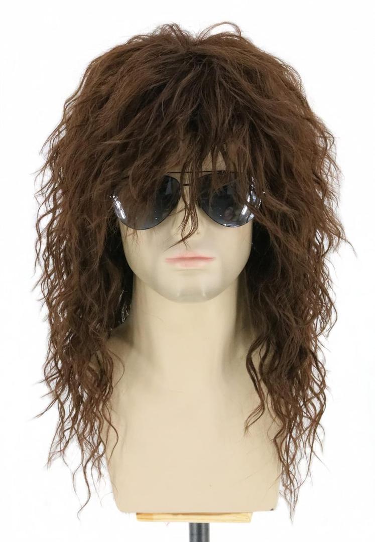 Topcosplay Men Wigs 80s Mullet Wig Long Brown Curly for Rock Disco Party Costume