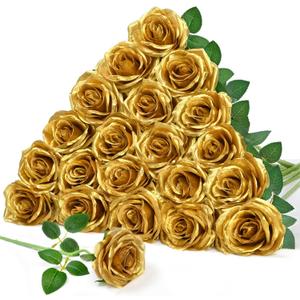 Serwalin 20pcs Artificial Gold Roses, 4'' Big Flower Head, Fake Roses Velvet Real Touch, Silk Roses Long Stems Realistic Bouquet for Wedding Parties Table Centerpiece and Home Decor