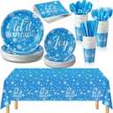 352 Pcs Snowflake Party Tableware Set Disposable Winter Frozen Birthday Party Wonderland Dinnerware Christmas Snowflake Tablecloth Plates Napkins Cups for 50 Guests(Blue)