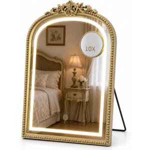 Vintage Makeup Vanity Mirror with 3-Color Lights, 10X, Gold
14"x20" Antique Carved Arch Makeup Mirror with 3 Color Modes, Detachable 10X, Smart Touch, Memory Function for Bedroom
