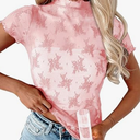 APOOU Womens Floral Sheer Mesh Lace Tops Mock Neck Short Sleeve Shirt Sexy See Through Top Y2k Blouses Pink, X-Large