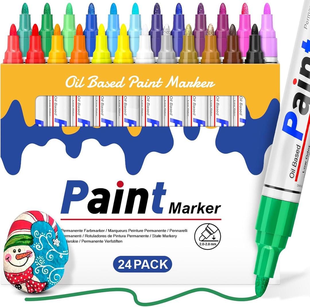 Oil Based Paint Pen: Permanent Paint Marker, Quick-Dry, Waterproof Paint Set of 24 for Metal, Wood, Easter egg, Rock Painting, Glass, Fabric, Ceramic, Mug, Plastic, Stone, Christmas Stencil