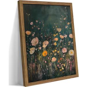 Wood Framed Vintage Wildflower Wall Art, Dark Green Moody Flower Botanical Wall Decor Paintings, Nature Floral Landscape Artwork Posters Prints Pictures for Living Room Bedroom 16x24 Inch