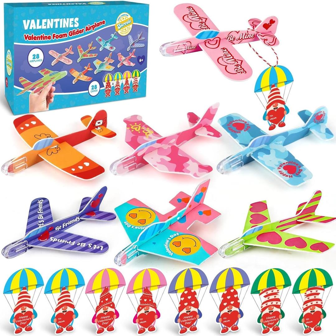 28 Pack Valentines Day Gifts for Kids, Foam Airplanes Party Favor Set with Valentines Greeting Cards for Kids, Valentine's Day School Prize Party Favor, Classroom Exchange Gift Set