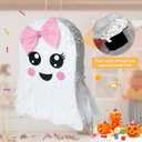 Cute Large Pink Halloween Ghost Piata White Spooky Ghost Piata with Stick and Blindfold Halloween Mexican Piata Birthday Party Game Supply Decorations Fillable for Candy,Toys,Treats