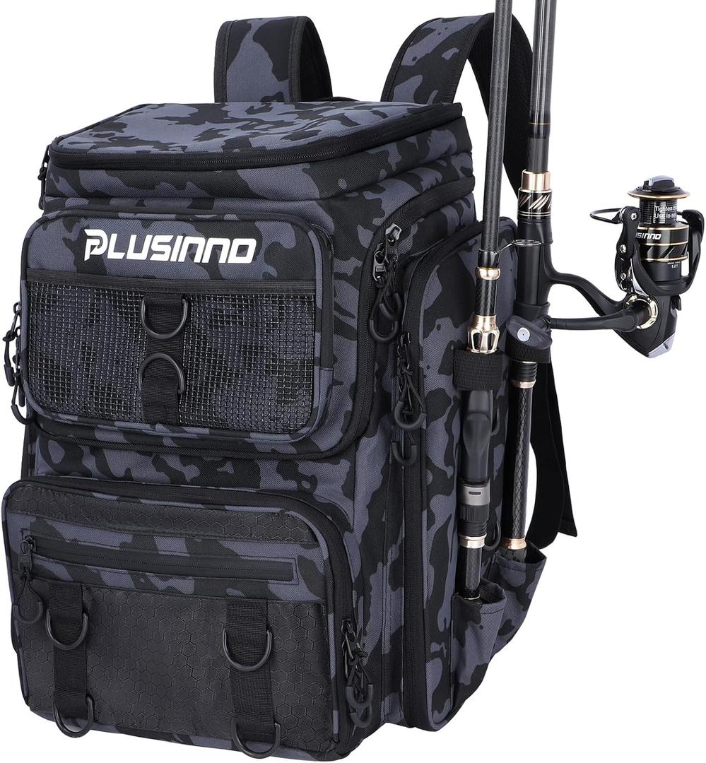 PLUSINNO Fishing Backpack with Rod Holders Tackle Box, 42L Large Water-resistant Fishing Tackle Bag Store Fishing Gear (Black Camouflage)