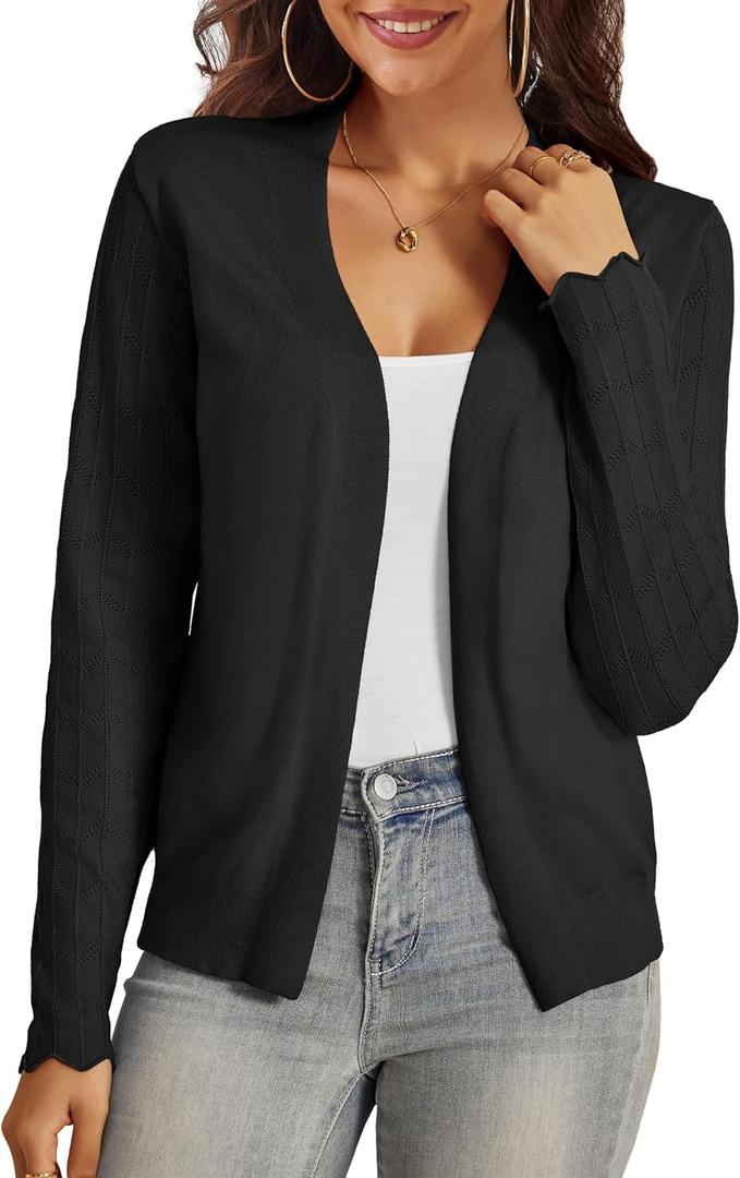 VOIANLIMO Womens Cardigan Lightweight Open Front Knit Long Sleeve Cardigans Sweaters for Women (Medium, Black)