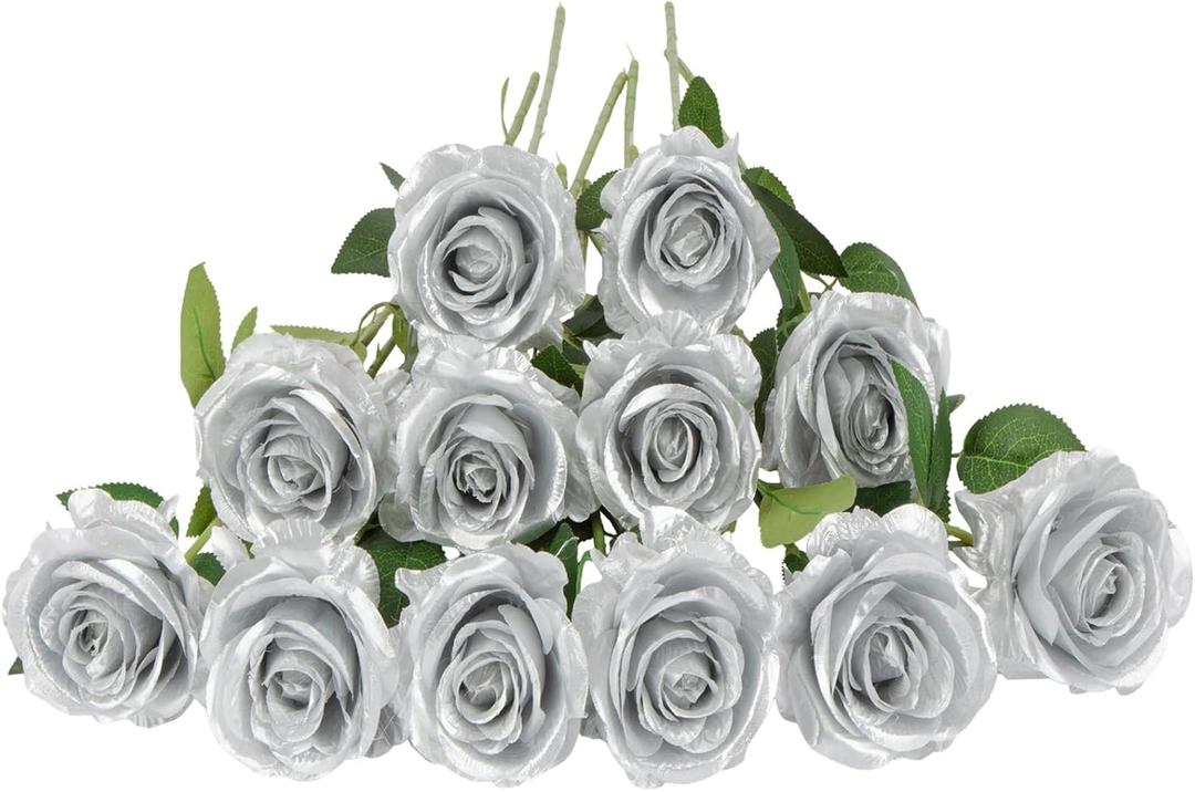 Laelfe 12 PCS Artificial Flowers Silver Roses, Silk Flowers Fake Long Stem Artificial Roses for Home Wedding Bathroom Kitchen Decorations (Silver)