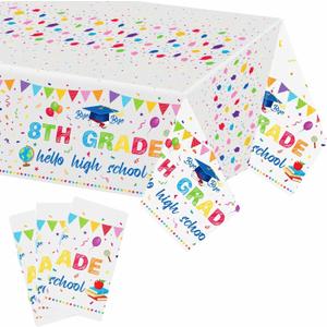 3 Pcs 8th Grade Graduation Tablecloth Decorations Plastic Table Cover 54 x 108 Inch Grade Hello High School Graduation Confetti Party Decor for Congrats Grad 2025(White)