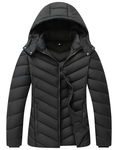 ALPIXIS Women's Lightweight Quilted Down Coat | Waterproof, Windproof, Removable Hood, Warm Puffer Jacket for Winter Dark Grey-XL