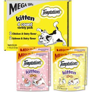 Temptations Kitten Crunchy and Soft Treats Chicken and Dairy and Salmon and Dairy Variety Pack, 6.3 oz. Pouches (Pack of 4)