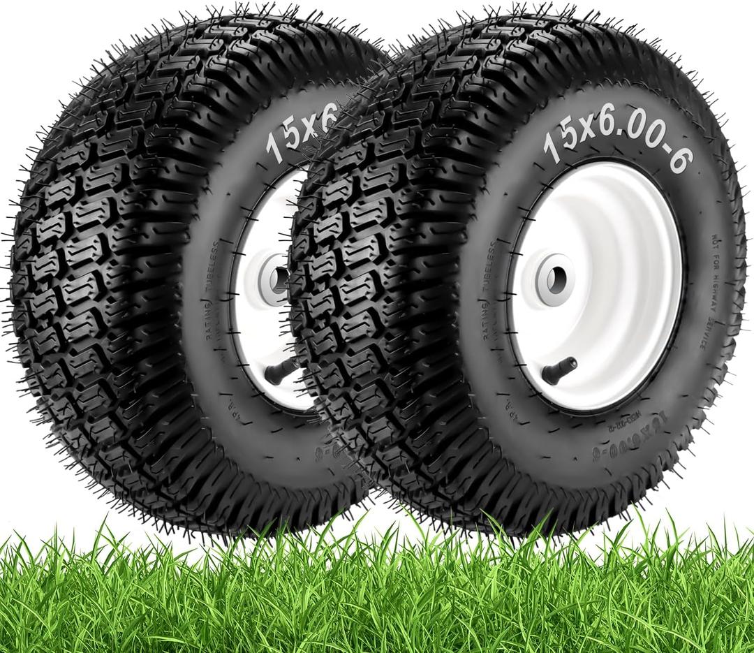 15x6.00-6" Lawn Mower Tires with 3/4" Iron Bushing, 3" Offset Hub 4 Ply 15x6-6nhs Heavy Duty Riding Lawn Mower Replacement for John Deere Mower Craftsman Mower, Garden Lawn Tractors 2-Pack by Cenipar
