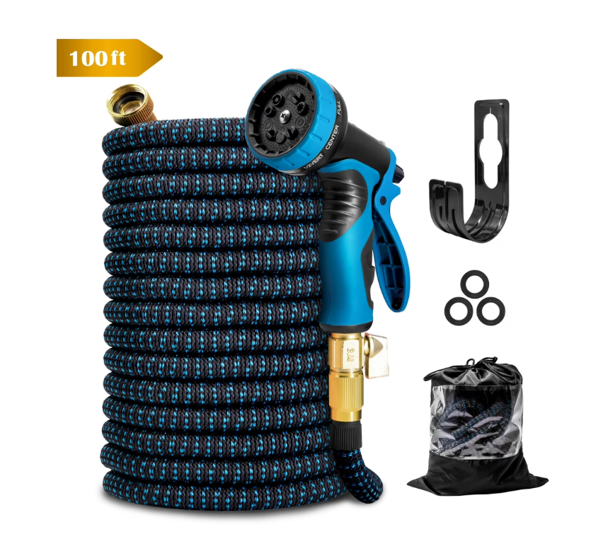 Kotto 100 ft Flexible Garden Hose, Water Hose for Outside with 10 Spray Nozzles, Brass Connector, Leak-Proof, Blue