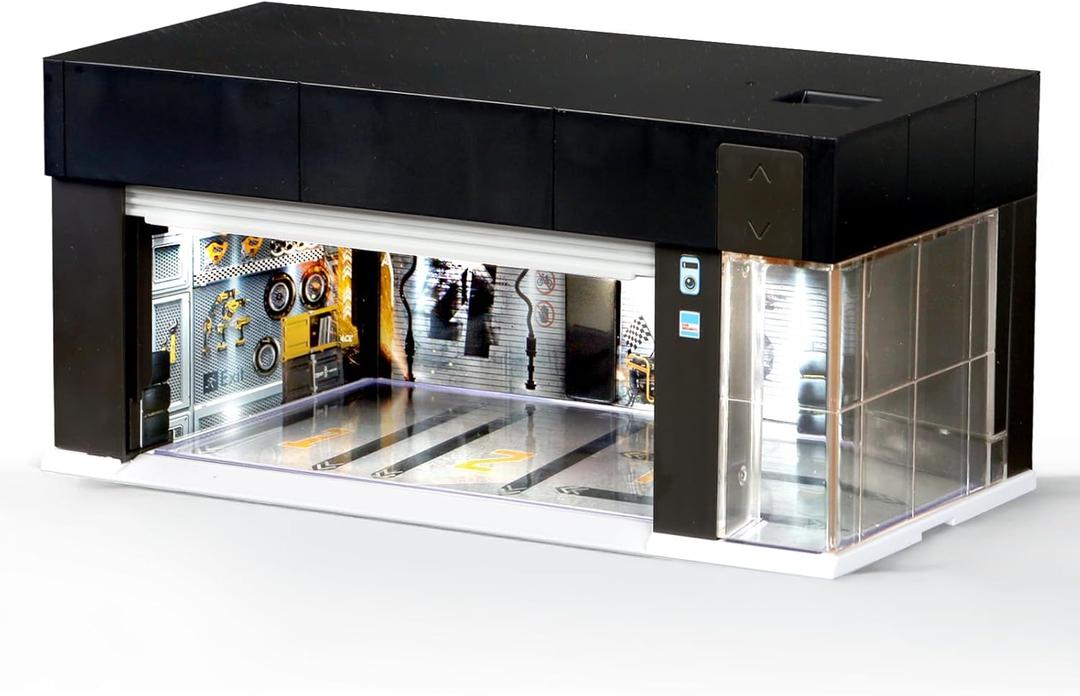 1/64 Scale Diecast Display Case for Hot Wheel Storage with LED Lights, Stackable Electric Garage with Voice Control, 3 Replaceable 3D Scenes Parking Lot Diorama for Model Cars (Black)