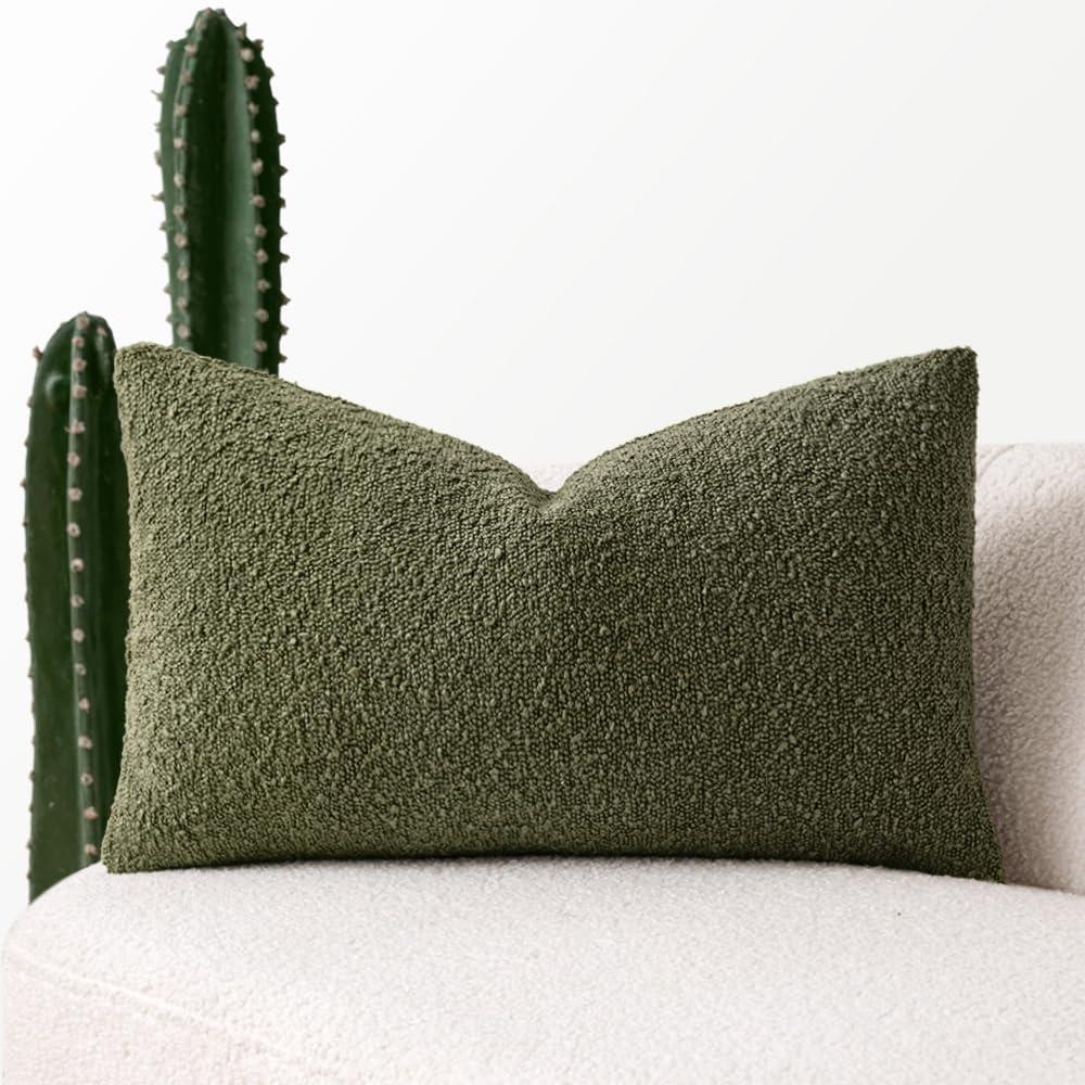 MIULEE Textured Boucle Throw Pillow Cover Olive Green Accent Solid Lumbar Spring Pillow Case Decorative Soft Pack of 1 Couch Cushion Chair Sofa Bedroom Livingroom Home Decor,12x20 Inch