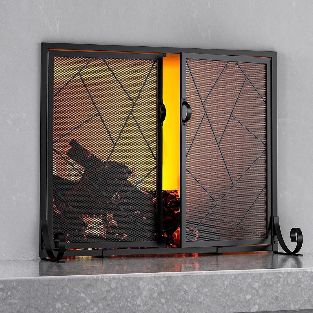 Fire Beauty Fireplace Screen with Hinged Doors Cast Iron Border Sturdy Steel Frame Durable Metal Mesh Decorative Spark Guard Black Finish(Large)